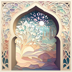 Islamic decoration background with paper quilling mosque window, ramadan kareem, mawlid, iftar, isra miraj, eid al fitr adha, muharram, copy space, Generative AI