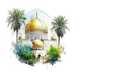 Mosque watercolor painting , islamic background, ramadan kareem, mawlid, iftar, isra miraj, eid al fitr adha, muharram, copy space, Generative AI