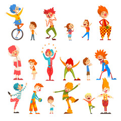 Friendly funny clowns in classic outfit performing tricks and entertaining kids at Birthday or carnival party vector