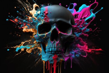 Beautiful human skull splashed and melted in colorful paint. Generative AI