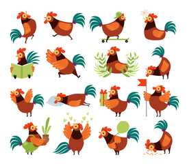 Fototapeta Rooster or Cock Character as Farm Poultry and Feathered Bird Big Vector Set obraz