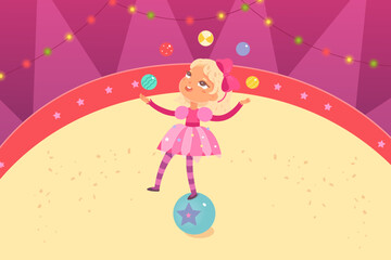 Circus juggler kid character performing acrobatic fun show vector illustration. Cartoon girl acrobat balancer child in cute costume juggling with colorful balls on circus stage