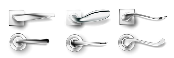 Door handles set, realistic doorknobs at home, hotel or office. Decorative security elements vector illustration. Modern design, objects for safety isolated on white background. - obrazy, fototapety, plakaty