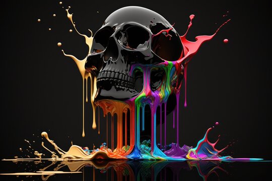 Beautiful black human skull splashed and melted in colorful paint on dark background Generative AI