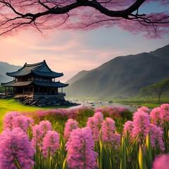 Fototapeta premium A small pond in front of a korean style building