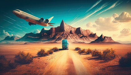Travel abstract background with transport and nature. Trip backdrop generative ai