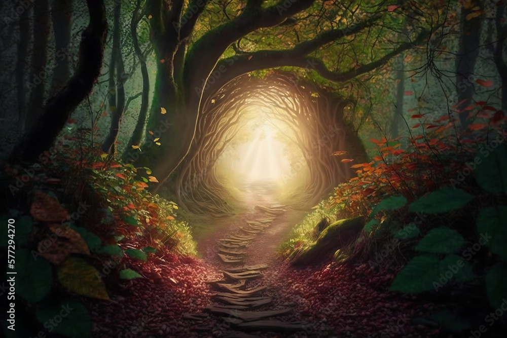 Poster a forest filled with lots of trees under a colorful sky by Generative AI