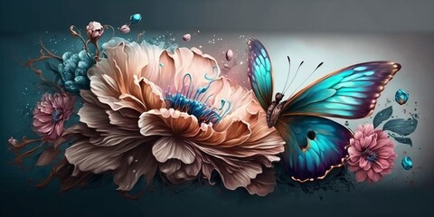 Schöne bunte Malerei mit Frühlingsblumen und Schmetterling, ai generativ