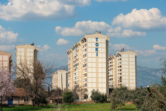 Antalya, Turkey - March 2, 2023: Aerial view of Toki social housing built in rural area in Antalya Turkey