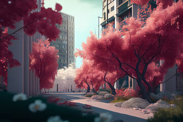 Obraz na płótnie Canvas illustration of city with buildings and sakura blossom . AI