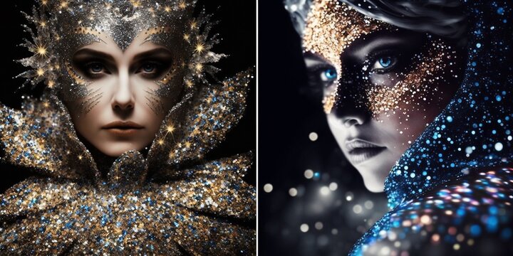 H&uuml;bsche junge Frau mit tollem Make-Up und Federn Schmuck Mode Design im Portr&auml;t, ai generativ