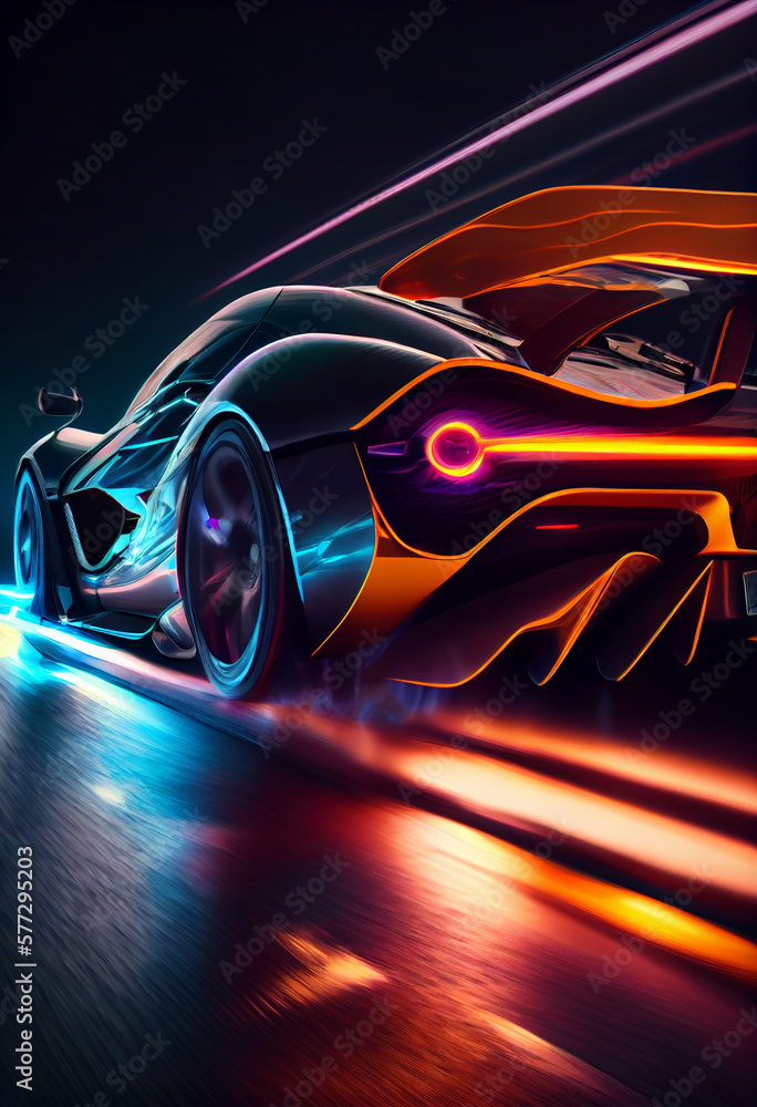 Aufkleber futuristic car at high speed at night with motion blur background. generative ai technology.