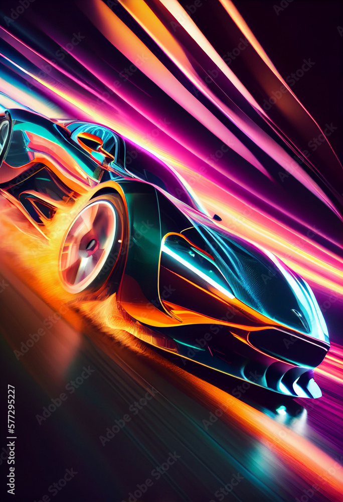 Aufkleber futuristic car at high speed at night with motion blur background. generative ai technology.