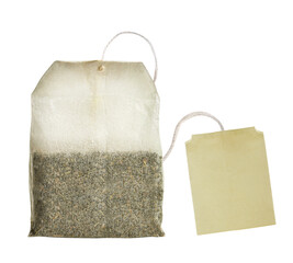 Teabag with paper label isolated. PNG transparency