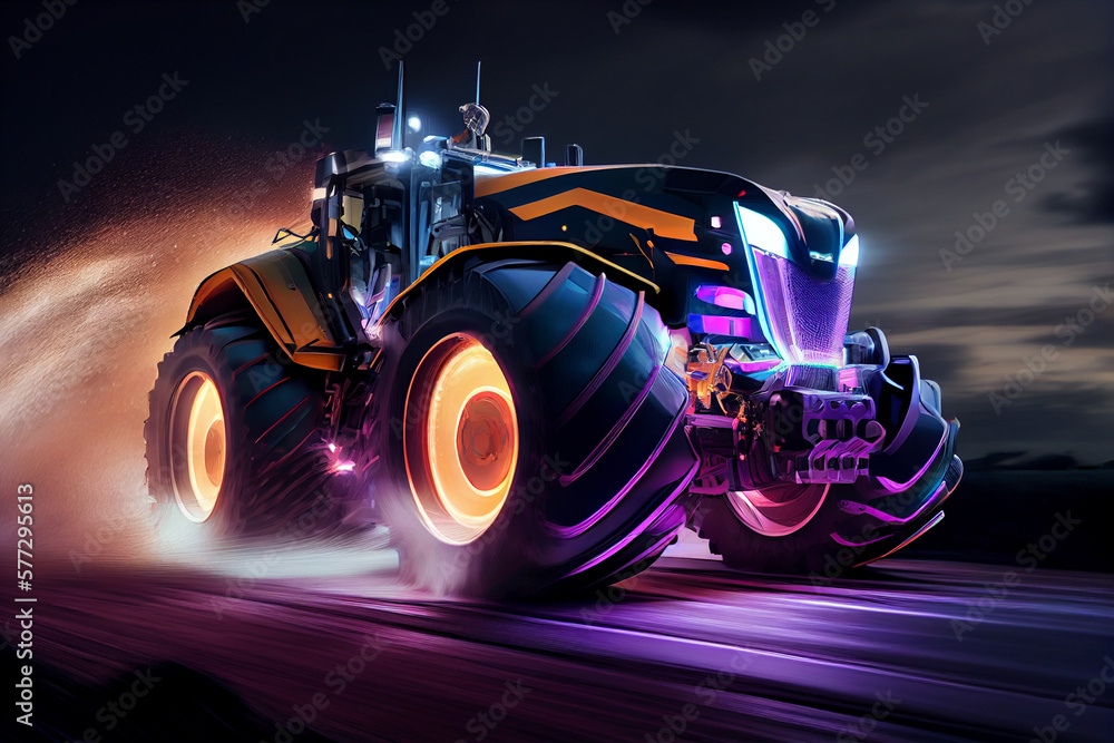 Poster futuristic tractor at high speed at night with motion blur background. generative ai technology.