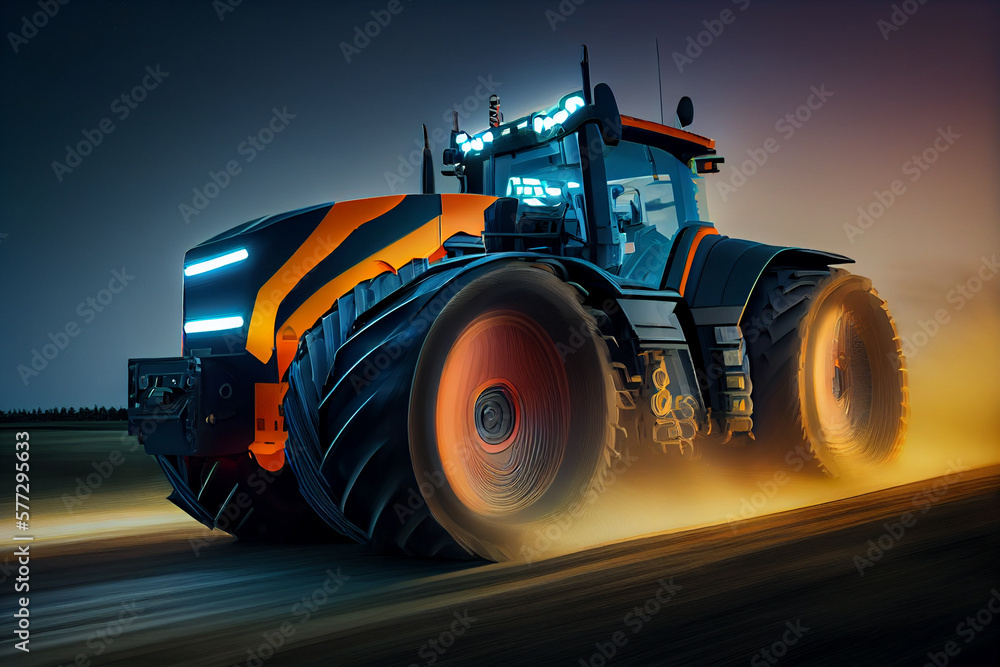 Poster futuristic tractor at high speed at night with motion blur background. generative ai technology.