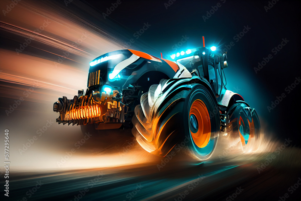Poster futuristic tractor at high speed at night with motion blur background. generative ai technology.