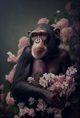 Chimpanzee or Chimp portrait with flowers and leaves. Creative monkey animal portrait. Generative Ai