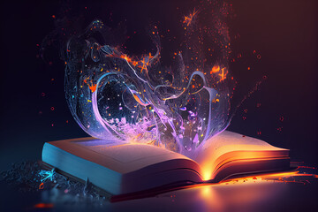 illustration of book with magical glowing with bright light. AI