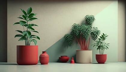 3d realistic vector room interior with big window with light and potted plants on the floor. Green Walls. AI Generative.