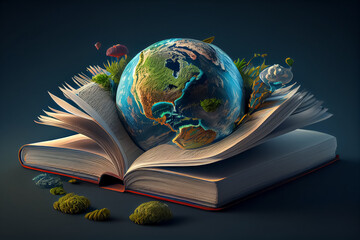 illustration of book with globe Earth inside paper recycling concept. AI - obrazy, fototapety, plakaty