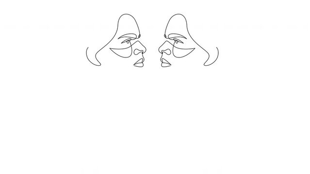 Self drawing line animation of angry woman against her own reflection. Inner conflict concept, mental health problems. Suffering from abuse, self-violence.