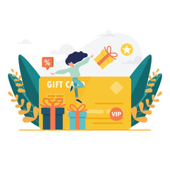 The girl receives a gift card. Cheerful and happy with discount card, coupon or voucher. Vector illustration for sale, loyalty program, bonus, promotion concept
