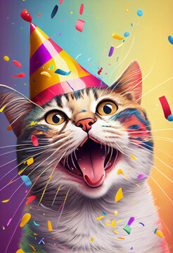 Happy Birthday card with happy smilling cat wearing party hat. Generative AI