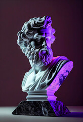 Greek Philosopher Sculpture with neon lights. Generative ai - obrazy, fototapety, plakaty