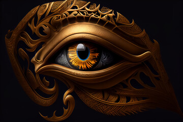 illustration of eye with a tear egyptian icon black background. AI