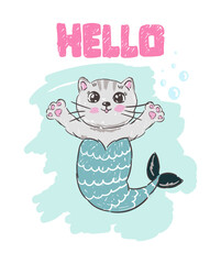 Cute mermaid cat. Cartoon illustration of a little kitten with mermaid tail.