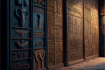 illustration of egyptian wall with hieroglyphs inside the pharaoh's tomb. AI