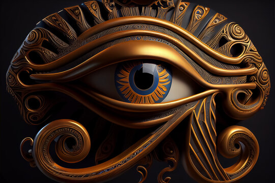 illustration of eye with a tear egyptian icon black background. AI