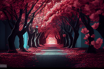 Beautiful tree cherry blossom flowers alley background. Generative AI technology.
