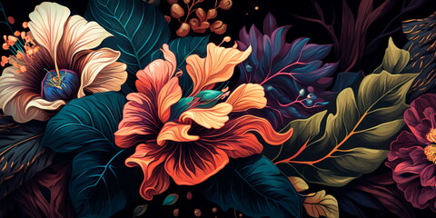 A colorful floral pattern on a dark background  Generative AI