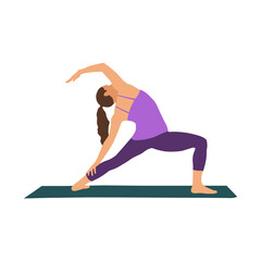 Yogi woman. Female cartoon character yoga. Girl demonstrating exercise during gymnastics training. Flat vector illustration