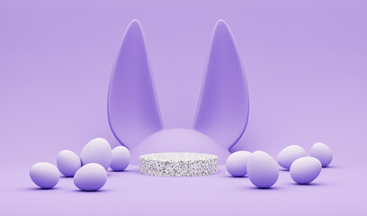 3D display podium, creative easter egg on pastel purple background, Easter eggs with Rabbit ears. Happy Easter Holiday background.  Banner, web poster, flyer cover, stylish brochure, greeting card.
