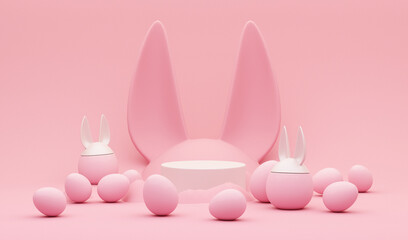3D display podium, creative easter egg on pastel pink background, Easter eggs with Rabbit ears. Happy Easter Holiday background.  Banner, web poster, flyer cover, greeting card.3d render
