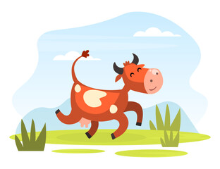 Brown Spotted Cow with Horns Jumping on Pasture with Green Grass Vector Illustration