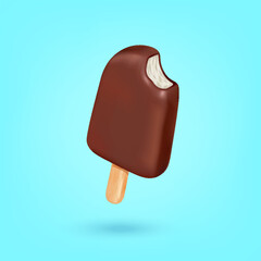 delicious chocolate bitten ice cream on a stick, volumetric image on a blue background