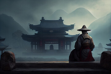 A monk meditating in front of a chinese temple, foggy mountains in the backgroun. Generative AI technology. - obrazy, fototapety, plakaty