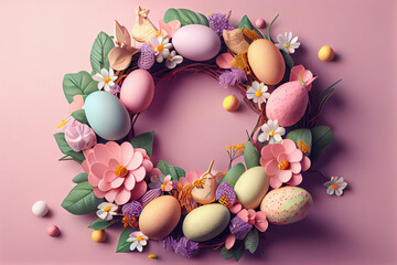 illustration of easter colorful wreath with flowers and eggs . AI - obrazy, fototapety, plakaty