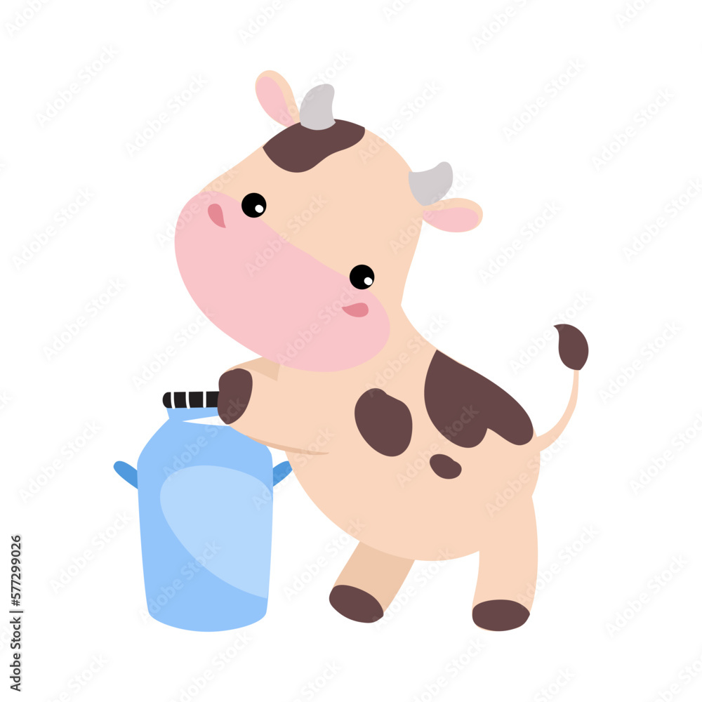 Wall mural Cute happy baby cow with milk can barrel. Adorable farm animal character cartoon vector illustration