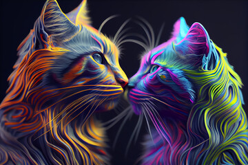 two rainbow cats kissing each other on a black background. AI