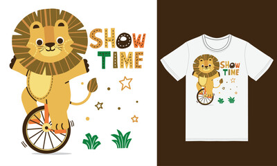 Cute lion reading a unicycle illustration with tshirt design premium vector © bayu