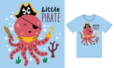 Cute octopus pirate illustration with tshirt design premium vector