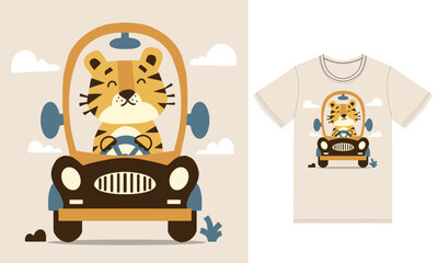 Cute tiger driving car illustration with tshirt design premium vector