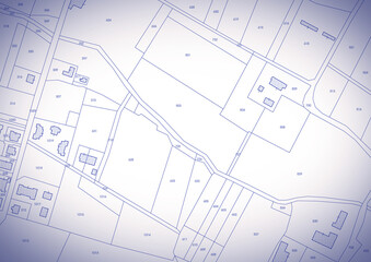 Imaginary cadastral map of territory of a rural area with buildings, roads, fields and land parcel