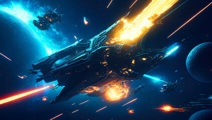 Fototapeta na wymiar Laser-Fueled Battle Amongst the Stars: Intergalactic Spaceships Clash in Epic Showdown. Generative ai