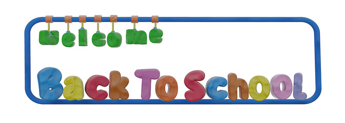 3d illustration, Welcome BACK TO SCHOOL letters banner design with colorful funny characters in polymer clay, clay doh, plasticine texture on white background.